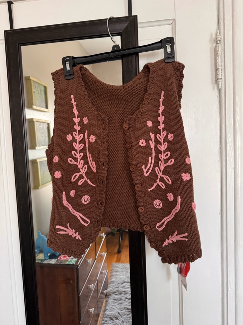 Cider Brown Knit Button-Front Sweater Vest with Pink Embroidery Size L